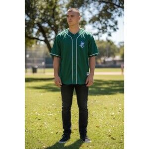 Vintage A4 Baseball Green Mash Full Button Jersey. Size L Blue Bull Sports